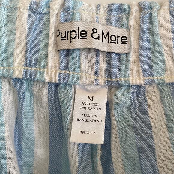 Linen Blend M Striped Pants Blue Pull-On Elastic Waist Pockets Boho Beachy - Picture 4 of 12